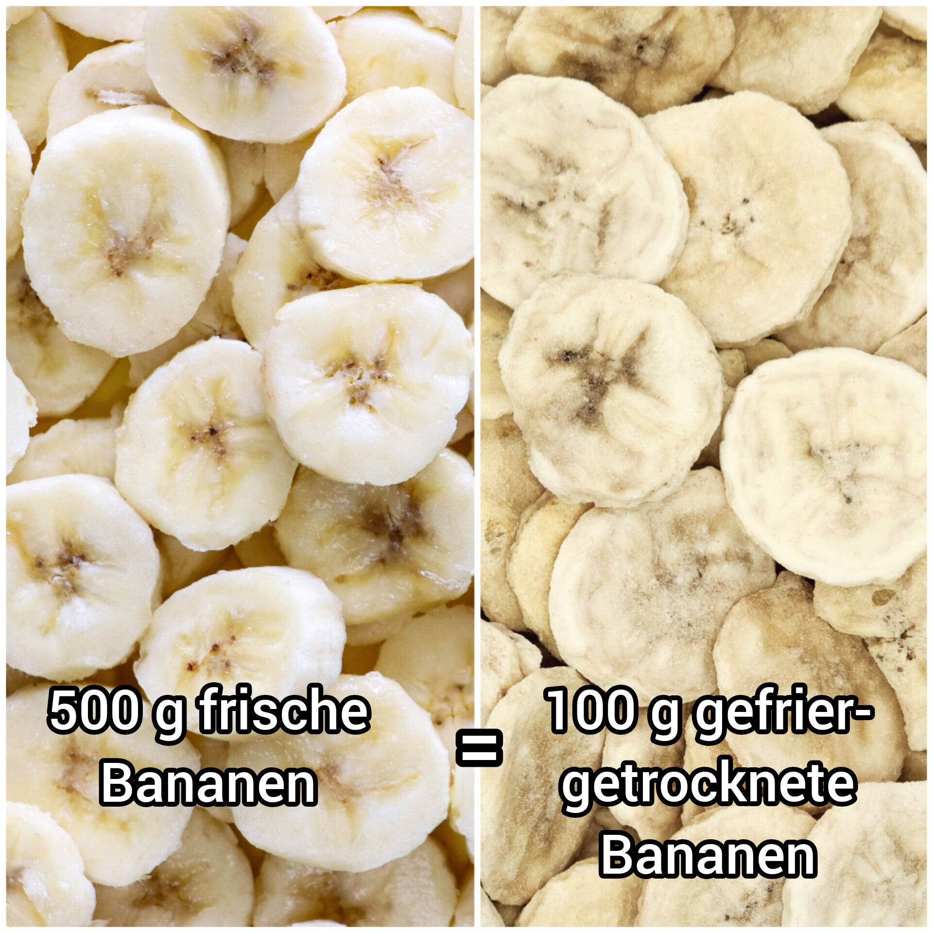 Aus 500 g frische Bananen werden 100 g gefriergetrocknete Shapefuel Bananen