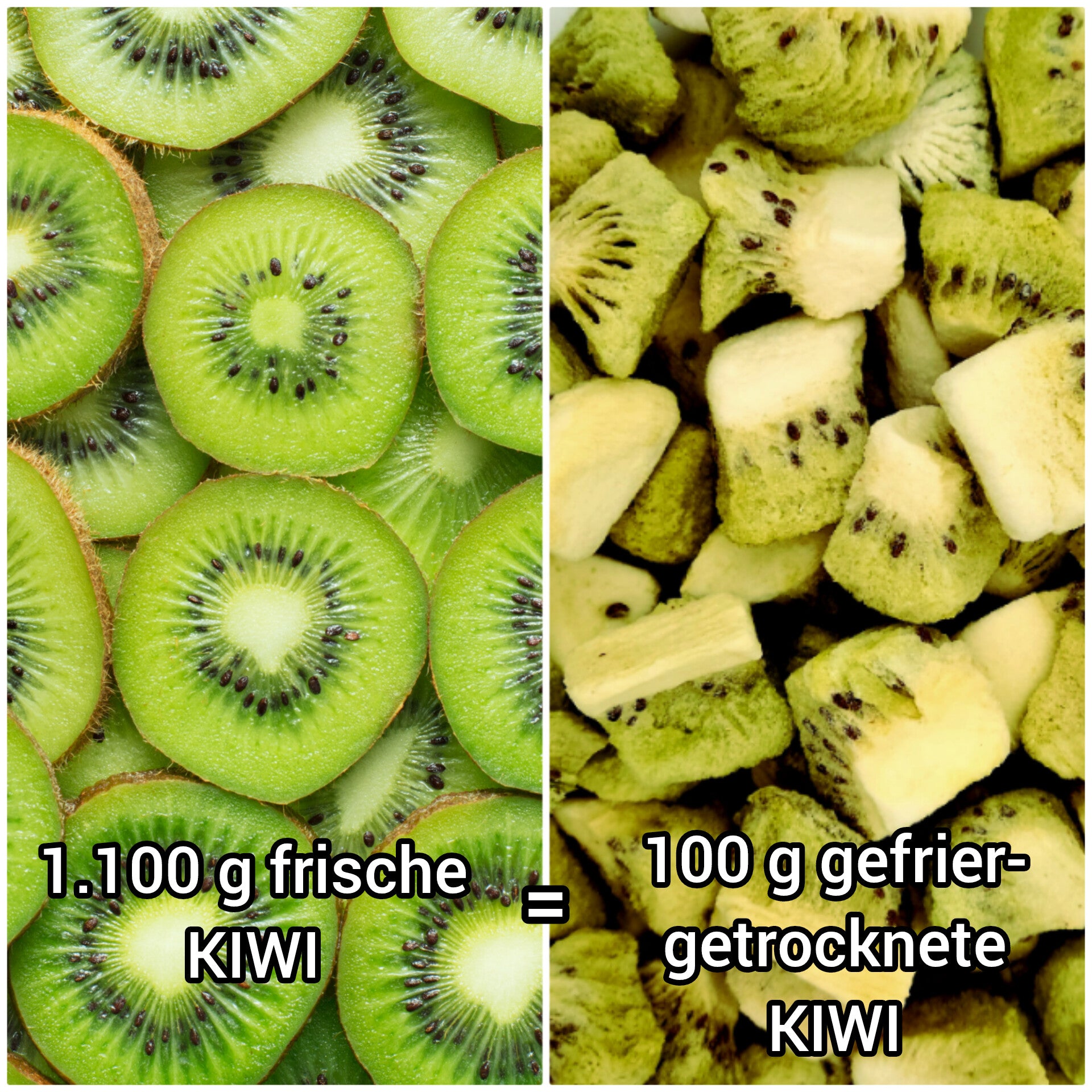 Aus 1.000 g frische Kiwi werden 100 g gefriergetrocknete Shapefuel KIWI