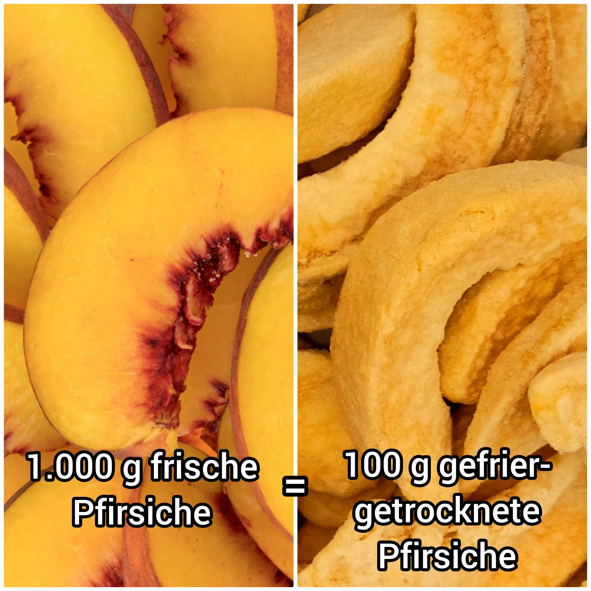 Aus 1.000 g frische Pfirsiche werden 100 g gefriergetrocknete Shapefuel Pfirsiche